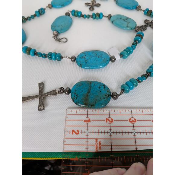 Large Oval Turquoise and Sterling Silver Cross Hook Belt Adjustable 48" Blue - Picture 12 of 12